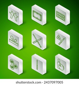 Set line Bowling pin and ball, Billiard cue, rest, Crossed billiard cues, table,  and  icon. Vector