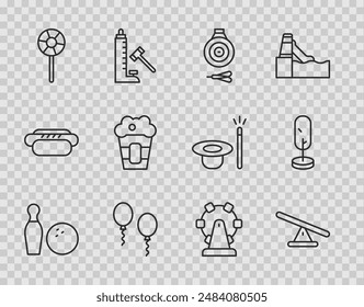 Set line Bowling pin and ball, Seesaw, Classic dart board arrow, Balloons, Lollipop, Popcorn box, Ferris wheel and Tree icon. Vector