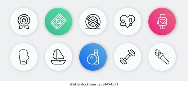 Set line Bowling pin and ball, Smart watch with heart, Boxing glove, Dumbbell, Heart rate, Car wheel, Torch flame and Yacht sailboat icon. Vector