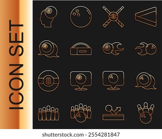 Set line Bowling pin and ball, Crossed billiard cues, Case for, Billiard,  and  icon. Vector