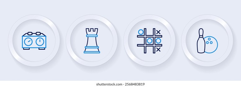 Set line Bowling pin and ball, Tic tac toe game, Chess and Time chess clock icon. Vector