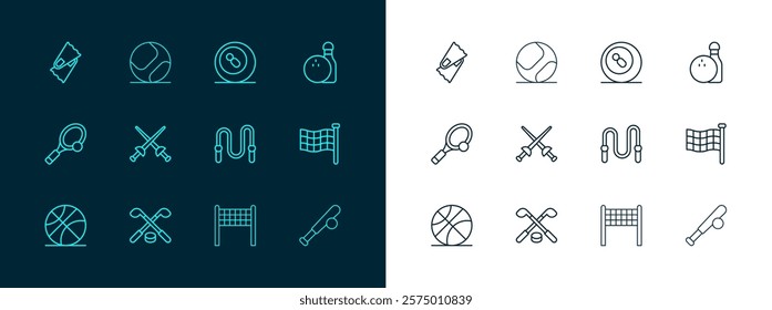 Set line Bowling pin and ball, Ice hockey sticks puck, Jump rope, Volleyball net, Fencing, Billiard pool snooker, Flippers for swimming and Baseball icon. Vector