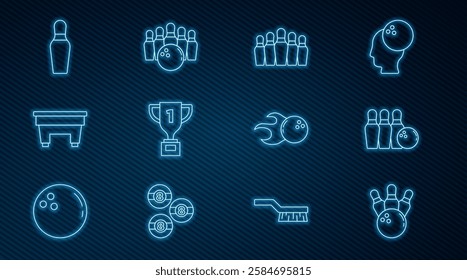 Set line Bowling pin and ball, Award cup, Billiard table,  and  icon. Vector