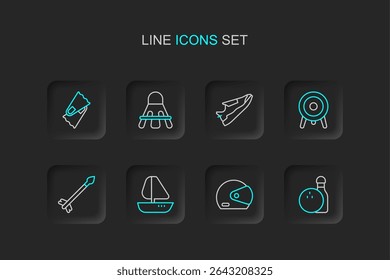 Set line Boliches pin e bola, Capacete de corrida, veleiro de iate, flechas medievais, Esporte alvo, tênis de fitness, naves de Badminton e Flippers para ícone de natação. Vetor