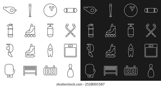 Set line Bowling pin, Bathroom scales, Ice hockey sticks, ball, Roller skate, Aqualung, Whistle and Punching bag icon. Vector