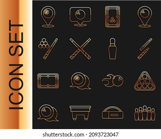 Set line Bowling pin, Billiard balls rack triangle, cue, table, Crossed billiard cues, and, Location with and  icon. Vector