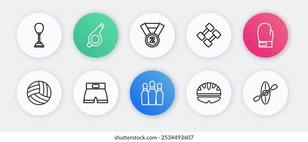 Set line Bowling pin, Boxing glove, Volleyball ball, Bicycle helmet, Dumbbell, Medal, Kayak and paddle and short icon. Vector