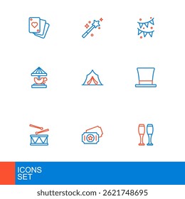 Set line Bowling pin, Circus ticket, Drum with drum sticks, Cylinder hat, Attraction carousel, tent, Carnival garland flags and Magic wand icon. Vector