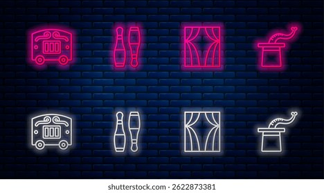 Set line Bowling pin, Circus curtain raises, wagon and Magician hat. Glowing neon icon on brick wall. Vector