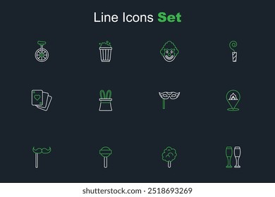 Set line Bowling pin, Cotton candy, Lollipop, Paper mustache stick, Circus tent, Festive mask, Magician hat rabbit ears and Playing cards icon. Vector