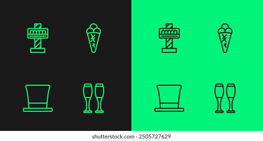 Set line Bowling pin, Cylinder hat, Attraction carousel and Ice cream waffle icon. Vector