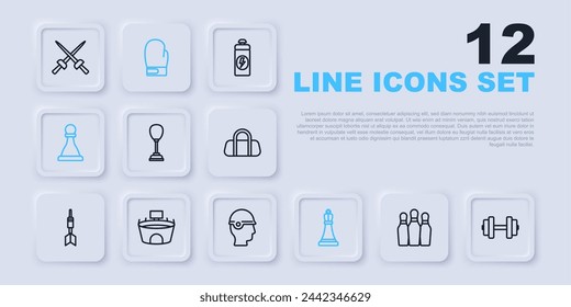 Set line Bowling pin, Dumbbell, Punching bag, Chess, Stadium, Boxing glove and Baseball helmet icon. Vector