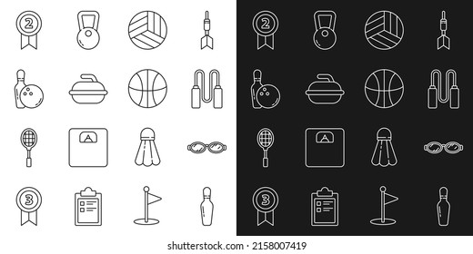 Set line Bowling pin, Glasses for swimming, Jump rope, Volleyball ball, Stone curling sport game, and, Medal and Basketball icon. Vector