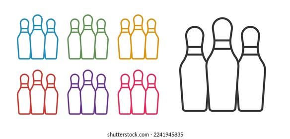 Set line Bowling Pin Symbol einzeln auf weißem Hintergrund. Juggling-Clubs, Zirkuskutschen. Stellen Sie die Symbole bunt ein. Vektorgrafik