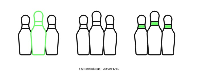 Set line Bowling pin icon isolated on white background. Juggling clubs, circus skittles.  Vector