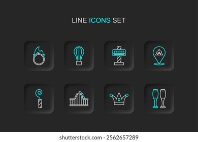 Set line Bowling pin, Jester hat with bells, Roller coaster, Birthday party horn, Circus tent, Attraction carousel, Hot air balloon and fire hoop icon. Vector