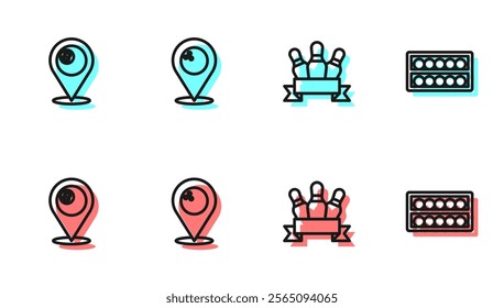 Set line Bowling pin, Location with billiard ball, bowling and Billiard balls stand icon. Vector