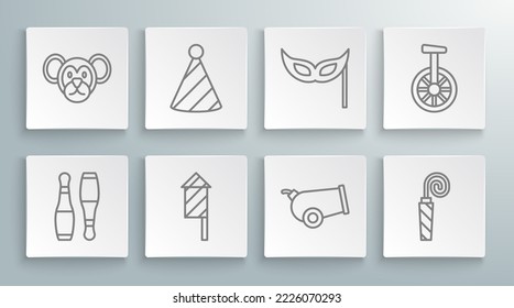 Set line Bowling pin, Party hat, Firework rocket, Cannon, Birthday party horn, Festive mask, Unicycle one wheel bicycle and Monkey icon. Vector