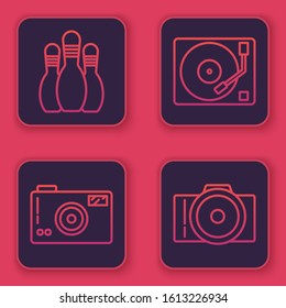 Set line Bowling pin, Photo camera, Vinyl player with a vinyl disk and Photo camera. Blue square button. Vector