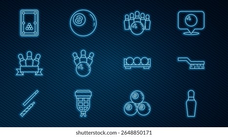 Set line Bowling pin, Pool table brush, and ball, Billiard, balls on stand and  icon. Vector