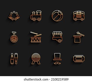 Set line Bowling pin, Target, Juggling ball, Magician, Circus ticket, Drum with drum sticks, hat and wand and Fast street food cart icon. Vector