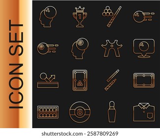 Set line Bowling shirt, Billiard table, Location with bowling ball, cue and,  and rest icon. Vector