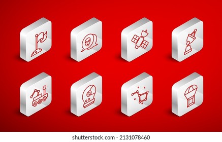 Set line Box flying on parachute, Alien, Satellite, dish, Great Bear constellation, Moon with flag, Astronaut helmet and Mars rover icon. Vector