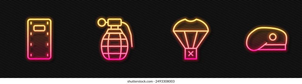 Set line Box flying on parachute, Military assault shield, Hand grenade and beret. Glowing neon icon. Vector