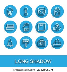 Set line Boxing bell, ring board, glove, Sport mechanical scoreboard, bag, MMA,  and Bathroom scales icon. Vector