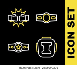 Set line Boxing belt, helmet,  and Punch boxing gloves icon. Vector