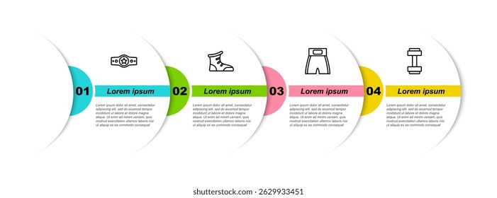 Set line Boxing belt, Sport boxing shoes, short and Dumbbell. Business infographic template. Vector