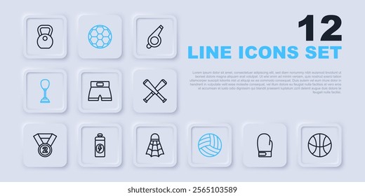 Set line Boxing glove, Basketball ball, short, Volleyball, Punching bag, Fitness shaker, Soccer football and Badminton shuttlecock icon. Vector