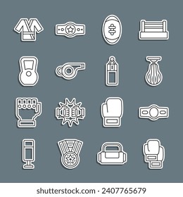 Set line Boxing glove, belt, Punching bag, American Football ball, Whistle, Kettlebell, Japanese costume Kimono and  icon. Vector