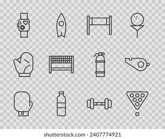 Set line Boxing glove, Billiard balls rack triangle, Volleyball net, Bottle of water, Smart watch showing heart beat rate, Ribbon finishing line, Dumbbell and Whistle icon. Vector