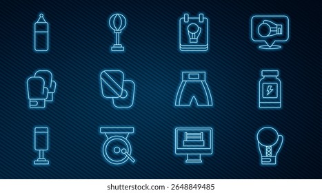 Set line Boxing glove, Energy drink, training paws, Punching bag, short and  icon. Vector