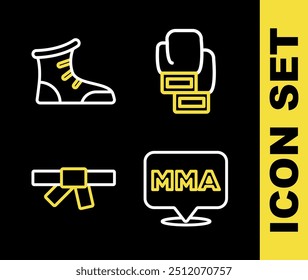 Set line Boxing glove, Fight club MMA, Black karate belt and Sport boxing shoes icon. Vector