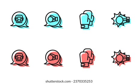 Set line Boxing glove, helmet,  and Punch boxing icon. Vector