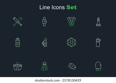 Set line Boxing glove, Hockey puck, Badminton shuttlecock, Stadium, Fitness shaker, Soccer football ball, Golf bag with clubs and  icon. Vector