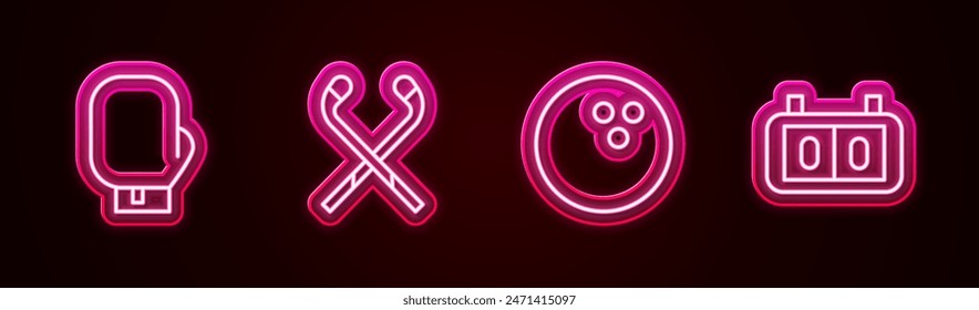 Set line Boxing glove, Ice hockey sticks, Bowling ball and Sport mechanical scoreboard. Glowing neon icon. Vector