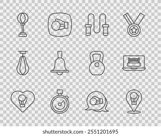 Set line Guante de boxeo, cuerda de salto, cronómetro, saco de boxeo, campana, y anillo icono. Vector