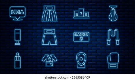 Set line Boxing glove, Jump rope, Award over sports winner podium, short, Punching bag, Fight club MMA, ring board and  icon. Vector