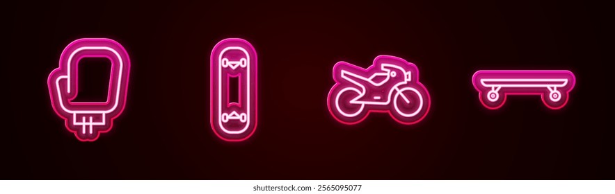 Set line Boxing glove, Skateboard trick, Motorcycle and Longboard skateboard. Glowing neon icon. Vector