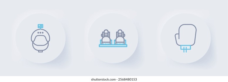 Set line Boxing glove, Snowboard and Helmet and action camera icon. Vector