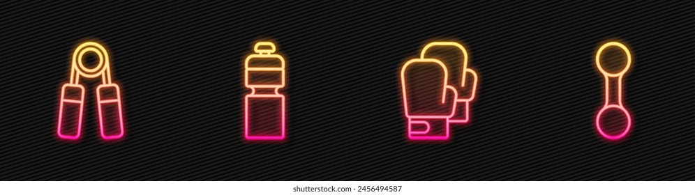 Set line Boxing glove, Sport expander, Fitness shaker and Dumbbell. Glowing neon icon. Vector