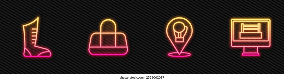 Set line Boxing glove, Sport boxing shoes, bag and ring. Glowing neon icon. Vector