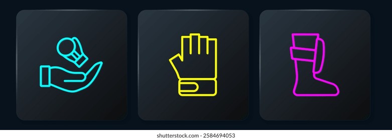 Set line Boxing glove, Sport boxing shoes and MMA. Black square button. Vector