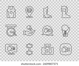 Set line Boxing glove, Sport boxing shoes, Dumbbell, jersey and t-shirt, mechanical scoreboard and  icon. Vector