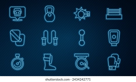 Set line Boxing glove, training paws, Punch boxing, Jump rope, helmet, Dumbbell and Weight icon. Vector