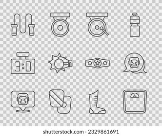 Set line Boxing helmet, Bathroom scales, gong, training paws, Jump rope, Punch boxing glove, Sport shoes and  icon. Vector