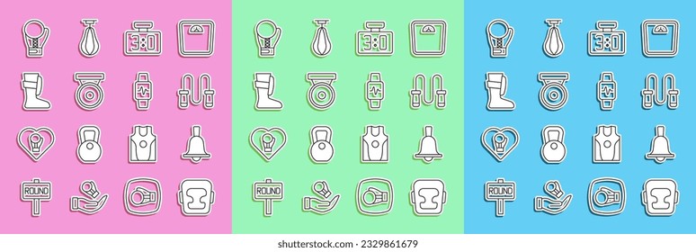 Set line Boxing helmet, bell, Jump rope, Sport mechanical scoreboard, gong, boxing shoes, glove and Smart watch with heart icon. Vector